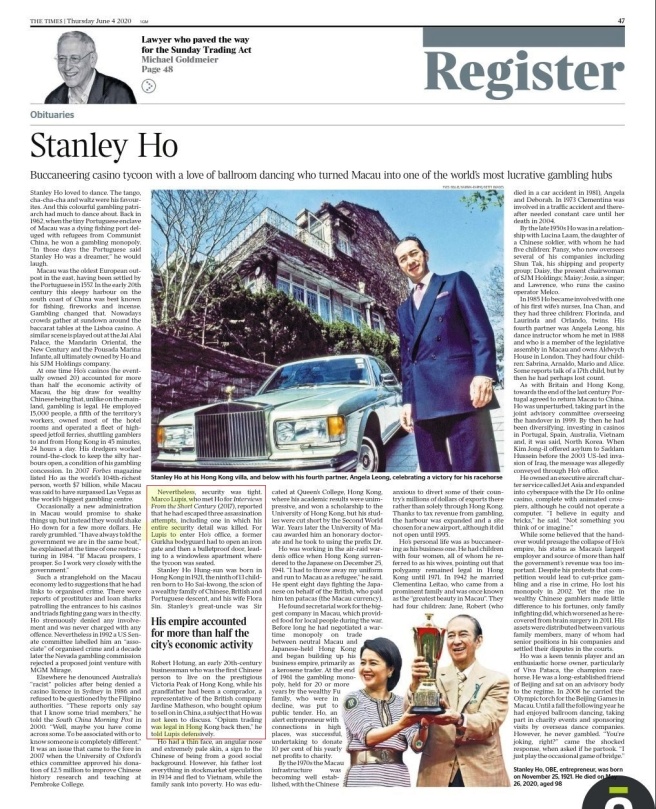 The Times - Stanley Ho obituary full page evidenziato